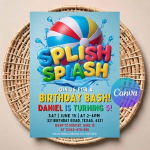 May include: A colourful birthday party invitation featuring a beach ball and water splash design. The text reads "Splish Splash" and announces a birthday bash for Daniel, who is turning 5. Includes date, time, and location.