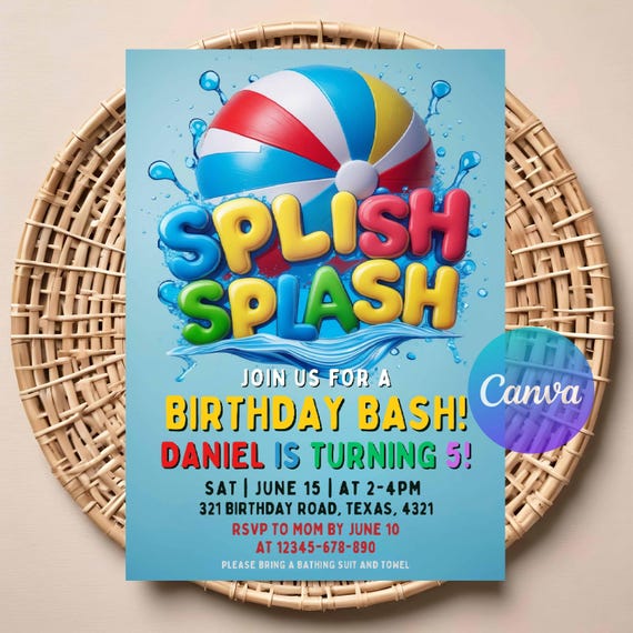 Splish Splash Birthday Invitation | Editable Pool Party Invite for Kids | Summer Water Theme | Printable Digital Template | Instant Download