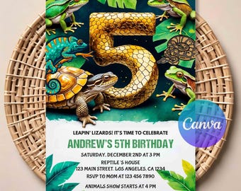 Digital Reptile 5th Birthday Invitation | Editable Lizard Birthday Party Invite | Printable Jungle Theme Card | Kids Boys Girls Celebration