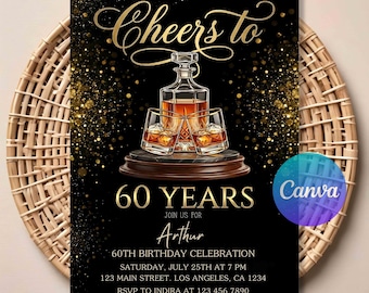 60th Birthday Invitation for Men – “Cheers to 60 Years” Editable Digital Invite, Modern & Stylish, Canva Template, Instant Download