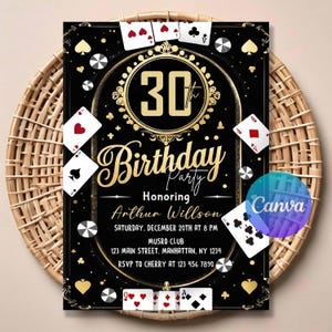 May include: A black and gold 30th birthday party invitation card featuring playing cards, poker chips, and card suit symbols. The text reads 30th Birthday Party Honoring Arthur Willson, Saturday, December 20th at 8 PM, Musro Club, 123 Main Street, Manhattan, NY 1234, RSVP to Cherry at 123 456 7890.
