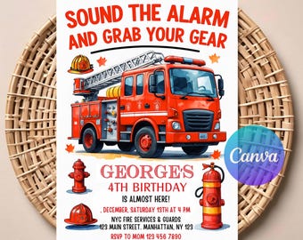 Puede incluir: Una invitación de cumpleaños con un camión de bomberos rojo, una boca de incendios y un extintor. El texto dice "SOUND THE ALARM AND GRAB YOUR GEAR" y "GEORGE'S 4TH BIRTHDAY IS ALMOST HERE!"