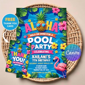 Aloha Pineapple Pool Birthday Invitation | Editable Digital Download | Printable Luau Party Invite | Tropical Summer Theme Card