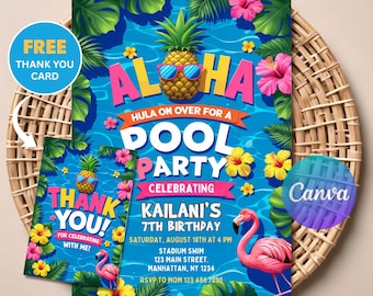 Aloha Pineapple Pool Birthday Invitation | Editable Digital Download | Printable Luau Party Invite | Tropical Summer Theme Card