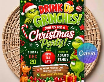 Grinches Christmas Party Invitation - Grinchmas Ugly Sweater Holiday Party Invite, Editable Canva Template.