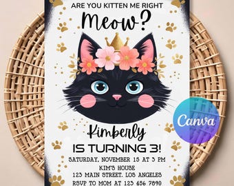 Kitten Birthday Invitation | Kitty Cat Party Invite | Are You Kitten Me Theme | Editable Digital Template | Printable Girl Birthday Invite