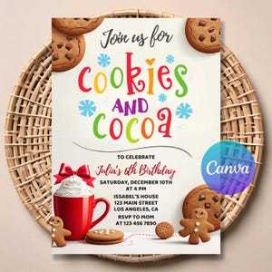 Op de afbeelding: Een feestelijke uitnodiging voor een verjaardagsfeestje met de tekst "Cookies and Cocoa". De uitnodiging bevat een rode mok cacao, peperkoekmannetjes en chocoladekoekjes. Het evenement is voor Julia's 6e verjaardag.