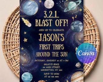 Outer Space First Birthday Invitation, Galaxy Blast Off Party, First Trip Around the Sun Birthday Evite Printable.