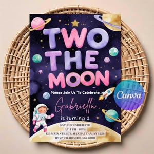 Invitación de segundo cumpleaños de Two the Moon para niños / Descarga digital editable / Invitación imprimible para fiesta espacial / Tarjeta con temática de cohete