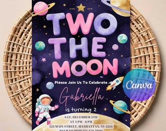 Two the Moon 2nd Birthday Invitation for Kids | Editable Digital Download | Printable Outer Space Party Invite | Rocket Ship Theme Card