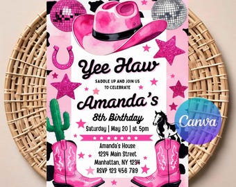 Invitación de cumpleaños de vaquera para niños / Invitación digital editable para fiestas / Tema de rodeo del oeste / Cumpleaños de vaquera rosa / Descarga instantánea