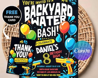 Backyard Water Bash Birthday Invitation | Editable Outdoor Splash Party Invite | Summer Theme Printable Template | Instant Digital Download