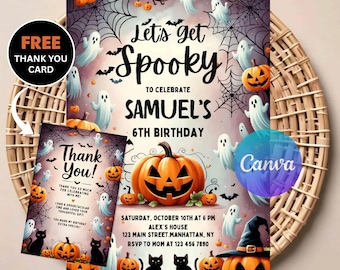 Spooky Birthday Invitation | Editable Digital Download | “Let's get Spooky” Ghost & Pumpkin Party Invite | Printable Halloween Template