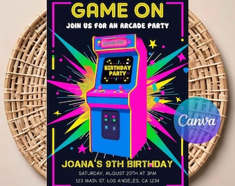 Invitación de cumpleaños con temática arcade / Descarga digital editable / Invitación imprimible para fiesta de videojuegos retro / Tema neón brillante / Descarga instantánea