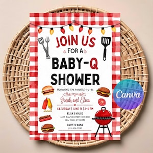 May include: Red and white checkered baby shower invitation with the text "Join us for a Baby-Q Shower" and illustrations of food, a grill, and string lights. The invitation is for Jonah and Elisa and is scheduled for Saturday, June 16th from 2-4 PM at Elisa's house. The address is 1234 Baambi Street, Deer Ave, New York, NY 30330. RSVP to Dana at 123-456-7890.