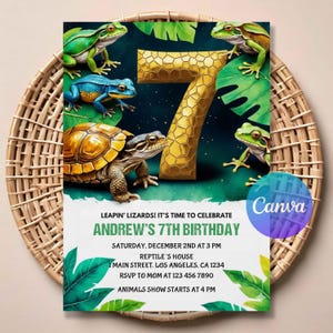 May include: A birthday invitation with a gold number 7, frogs, and a turtle. The invitation includes the text "LEAPIN' LIZARDS! IT'S TIME TO CELEBRATE ANDREW'S 7TH BIRTHDAY" and event details. The design incorporates green leaves and a dark blue background.