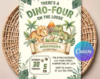 Editable Dino 4th Birthday Invitation – Green T-Rex Jurassic Party Invite for Boys, Digital Canva Template, Instant Download.