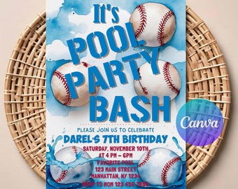 May include: A blue and white pool party invitation with baseballs and the text "It's POOL PARTY BASH." The invitation includes details for Darel's 7th birthday, including the date, time, and location.