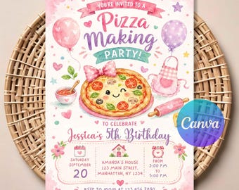 Pizza Making Movie Night Sleepover Invitation - Kids Birthday Party Digital Invite, Pizza Birthday Invitation, Editable Canva Template.