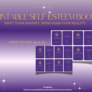 May include: Printable self-esteem boost cards with affirmations. The cards are purple with gold text and illustrations. The text includes "Shift your mindset. Reprogram your reality." and "Print in size A4 & A5."