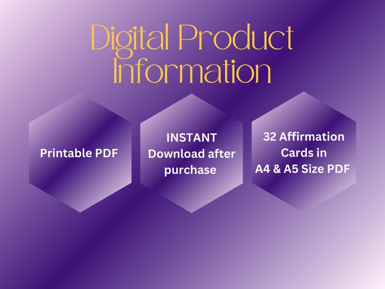 May include: Digital product information graphic with a purple gradient background. The text includes "Digital Product Information" in gold, and three purple hexagonal shapes with text: "Printable PDF", "Instant Download after purchase", and "32 Affirmation Cards in A4 & A5 Size PDF".