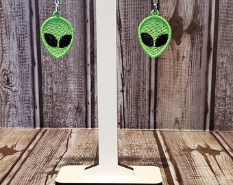 Retro green alien head  embroidered dangle earrings