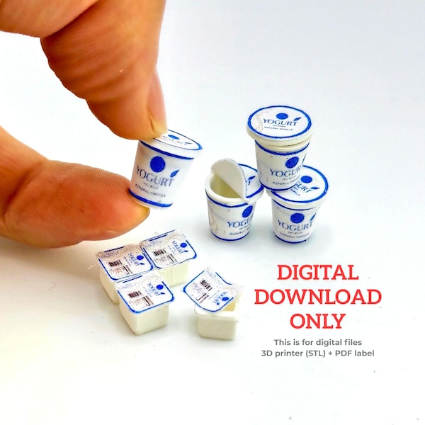 May include: Miniature yogurt containers with blue and white labels. Some containers are open, revealing the interior. Several small, square containers with foil lids are also present. The text "DIGITAL DOWNLOAD ONLY" is visible.