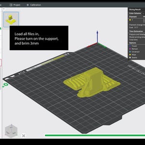 May include: A computer screen displays a 3D model of a yellow object on a black grid, likely for 3D printing. The interface shows settings for support and brim, with text instructions to load files and enable these features.