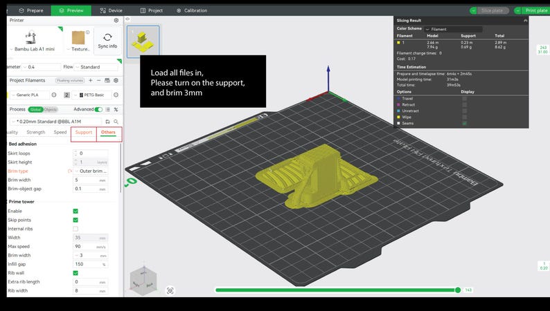 May include: A computer screen displays a 3D model of a yellow object on a black grid, likely for 3D printing. The interface shows settings for support and brim, with text instructions to load files and enable these features.