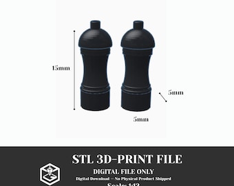 May include: Two black 3D-printed miniature pepper mills with a 1:12 scale. The objects measure 15mm in height and 5mm in width. The text reads STL 3D-PRINT FILE, DIGITAL FILE ONLY, Scale: 1:12, Tested On: Bambu Lab A1 Mini, Requires a 3D printer to use.