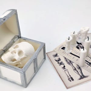 Puede incluir: Una calavera blanca en miniatura descansa dentro de un pequeño cofre blanco abierto con ribete plateado. Junto al cofre hay varias velas blancas y diagramas anatómicos. Los elementos están dispuestos sobre una superficie blanca.