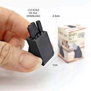 1:12 Miniatur Messer-Set mit Block — 4-teiliges Puppenhaus Küchen Werkzeug, getestet STL für 3D-Druck