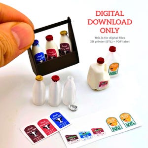 May include: Miniature milk bottles and cartons with labels, including "Fresh Dairy Milk" and "Sunny Farm Orange Juice." A small wooden carrier holds three bottles. The image includes the text "DIGITAL DOWNLOAD ONLY."