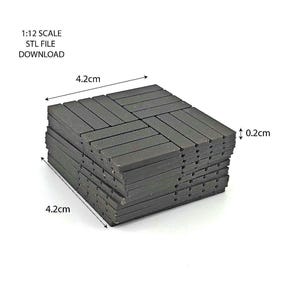 Puede incluir: Una pila de baldosas rectangulares grises, cada una de 4,2 cm x 4,2 cm x 0,2 cm, dispuestas en un patrón de ladrillo. La imagen incluye el texto "1:12 SCALE STL FILE DOWNLOAD".