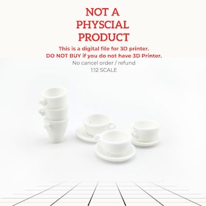 Könnte beinhalten: Eine Sammlung miniaturer weißer Teetassen und Untertassen. Einige sind gestapelt, andere einzeln angeordnet. Der Text oben lautet "NOT A PHYSCIAL PRODUCT" und "This is a digital file for 3D printer."