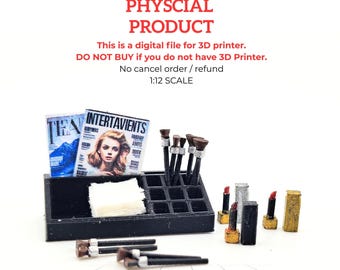 1:12 Make-upborstels, lippenstift en houder inclusief eenvoudig tijdschrift, cosmetische set voor poppenkamer, STL-bestand direct downloaden