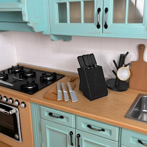 1:12 Miniature Knife Set with Block — 4-Piece Dollhouse Kitchen Tool, Tested STL for 3D Printing