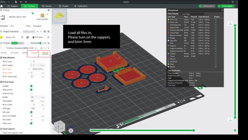 May include: A computer screen displays a 3D modeling software interface. The screen shows a 3D model of several red and orange components, with the text "Load all files in, Please turn on the support, and brim 3mm".