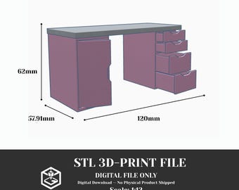May include: A purple desk with a gray top, featuring a cabinet on the left and four drawers on the right. Dimensions are 62mm high, 57.91mm deep, and 120mm wide. Text includes STL 3D-PRINT FILE, DIGITAL FILE ONLY, and Scale: 1:12.