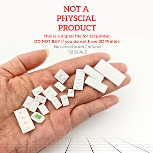 Può includere: Una collezione di piccoli oggetti in miniatura bianchi stampati in 3D, tra cui forme rettangolari e quadrate, tenuti in mano. Il testo in alto recita "NOT A PHYSICAL PRODUCT". Il testo sottostante indica che si tratta di un file digitale per una stampante 3D.