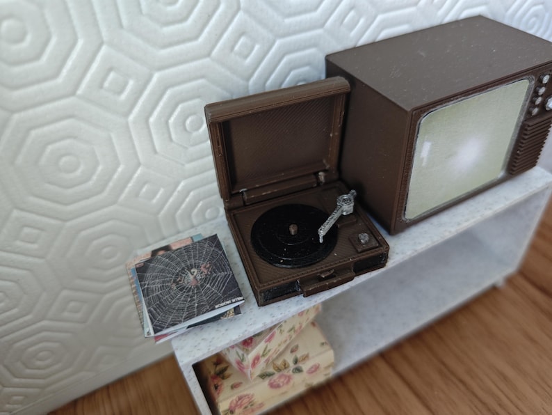 1:12 scale miniature vintage record player with CD albums and printed covers for dollhouse music room