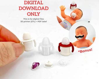 Chupete y vaso de agua en miniatura a escala 1:12 (archivo STL), set de guardería para impresión 3D, accesorios para el cuidado del bebé en casa de muñecas, descarga digital a escala 1/12.