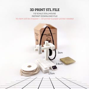 Puede incluir: Accesorio de casa de muñecas en miniatura impreso en 3D, blanco, que mide 1,7 cm x 2,8 cm x 3 cm, con una caja de cartón marrón en el fondo. El texto "3D PRINT STL FILE" y otros detalles son visibles.