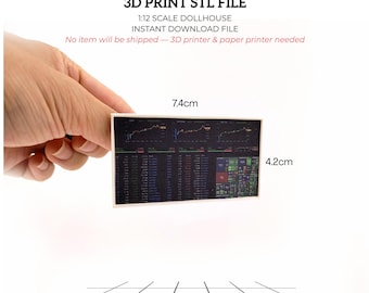 May include: A miniature rectangular print, 7.4cm x 4.2cm, featuring stock market data, held against a white background. Text at the top reads "3D PRINT STL FILE" and "1:12 SCALE DOLLHOUSE INSTANT DOWNLOAD FILE".