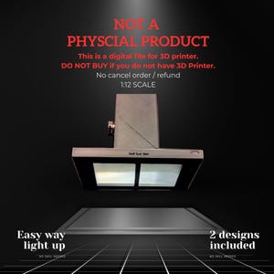 May include: A 3D-printed model of a range hood, with the text "NOT A PHYSCIAL PRODUCT" and other details. The model is dark gray and has two light panels. The text "Easy way light up" and "2 designs included" are also visible.