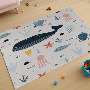 Ozean-Teppich, Nautisches Dekor, Kinderzimmer Teppich, Unterwasser-Design, Meerestiere, Küstenleben, Wal-Teppich, Meerestiere, Spielzimmer Dekor Bild 1