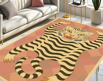 Tijgerkleed, maximalistisch decor, oosterse tijger, retro dierenkleed, funky vloerdecor, speels huisaccent, statement vloerkleed, grillig kattendecor
