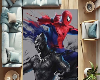 Puede incluir: Una alfombra de superhéroes negra y roja con Spiderman y Pantera Negra. La alfombra tiene un fondo gris con pinceladas negras y blancas.
