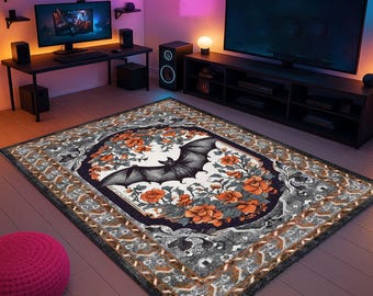 Tapete gótico de morcego, casa de bruxa, tapete estético escuro, tapete assustador, decoração de quarto de terror, tapete gótico de morcego