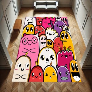 Alfombra colorida con dibujos animados, alfombra para habitación infantil, alfombra con personajes divertidos, alfombra para sala de juegos, alfombra con garabatos, alfombra con caras felices, alfombra para habitación caprichosa